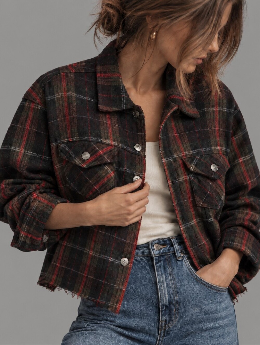 POL Plaid Cropped Raw Hem Shacket Jacket Brown Red Womens Size Medium